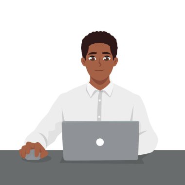 Genç siyahi adam internette dizüstü bilgisayar kullanarak çalışıyor. Serbest çalışan biri. Düz Vektör Resimleri Beyaz Arkaplanda İzole Edildi