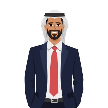 Arap işadamı elleri cebinde takım elbise içinde duruyor. Düz vektör çizimi beyaz arkaplanda izole edildi