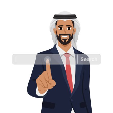 Genç Arap adam online tarama için arama hattını işaret etti. Adam internet sörfü için arama çubuğu kullanıyor. Düz vektör çizimi beyaz arkaplanda izole edildi