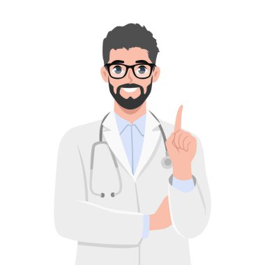 Genç doktor işaret parmağıyla işaret ediyor. Steteskoplu, tıp üniformalı pratisyen. Düz vektör çizimi beyaz arkaplanda izole edildi