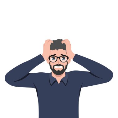 Şaşırmış ya da hayrete düşmüş genç bir adam el ele tutuşup ağzını açmış. Baş ağrısı ya da stres. Düz vektör çizimi beyaz arkaplanda izole edildi