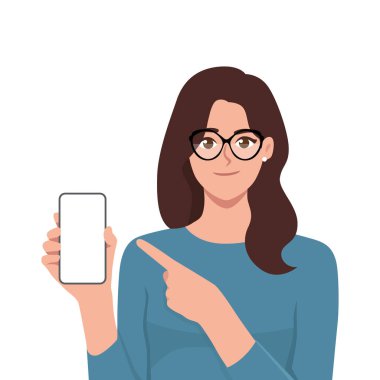 Elinde cep telefonu tutan ve boş telefonu işaret eden genç bir kadın. Düz vektör çizimi beyaz arkaplanda izole edildi