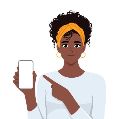 Elinde cep telefonu olan genç siyahi bir kadın boş bir telefonu işaret ediyor. Düz vektör çizimi beyaz arkaplanda izole edildi