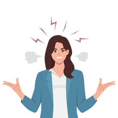 Kızgın kadın sinirli bir konsept haykırıyor. Düz vektör çizimi beyaz arkaplanda izole edildi