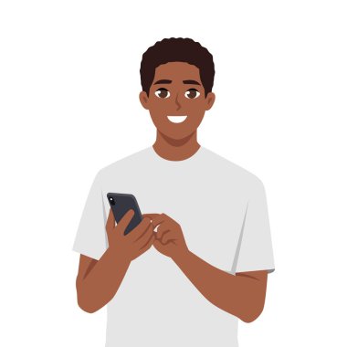 Adam akıllı bir telefonu tutuyor ve daktilo ediyor. Düz vektör çizimi beyaz arkaplanda izole edildi