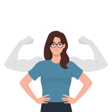 Güçlü, güzel bir kadın karakteri. Gölgesi pazılarını gösteriyor. Düz Vektör Resimleri Beyaz Arkaplanda izole edildi