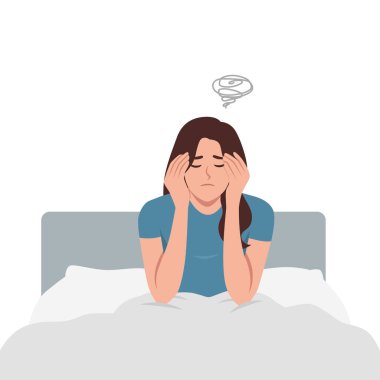 Mutsuz genç bir kadın yatak odasında kalıyor ve baş ağrısıyla uyanıyor. Düz Vektör Resimleri Beyaz Arkaplanda izole edildi