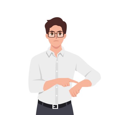 Tatminsiz adam iş başında. Acele et! Son teslim tarihi. Sabırsız patron. Düz vektör çizimi beyaz arkaplanda izole edildi