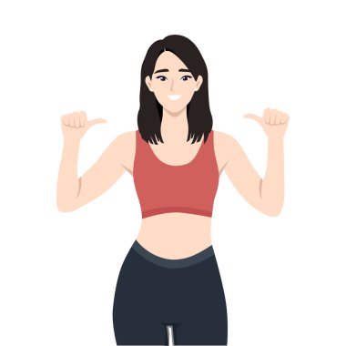 Genç Asyalı sporcu kadın kendini işaret ediyor. Düz vektör çizimi beyaz arkaplanda izole edildi