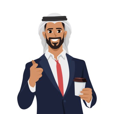 Genç yakışıklı Arap işadamı kahve alıp götürmek için elinde tutuyor. Düz vektör çizimi beyaz arkaplanda izole edildi