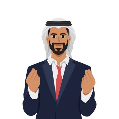 Genç Arap işadamı elleriyle para hareketi yapıyor. Düz vektör çizimi beyaz arkaplanda izole edildi