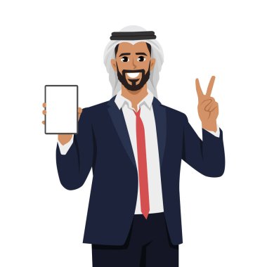 Kendine güvenen Arap iş adamı barış işareti olan boş bir tablet bilgisayar gösteriyor. Düz vektör çizimi beyaz arkaplanda izole edildi