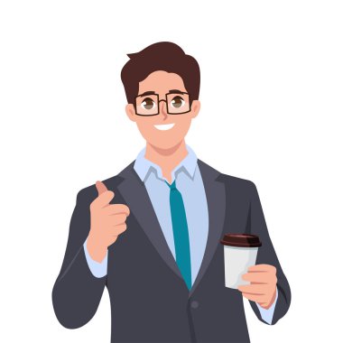 Genç yakışıklı işadamı kahve alıp götürmek için elinde tutuyor. Düz vektör çizimi beyaz arkaplanda izole edildi