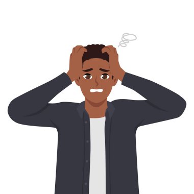 Kargaşa ve kafa karışıklığı yaşayan bitkin siyah işadamı sinir krizinden muzdarip. Düz vektör çizimi beyaz arkaplanda izole edildi