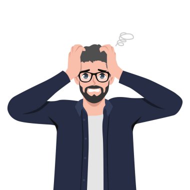 Kargaşa ve kafa karışıklığı yaşayan bitkin işadamı sinir krizinden muzdarip. Düz vektör çizimi beyaz arkaplanda izole edildi