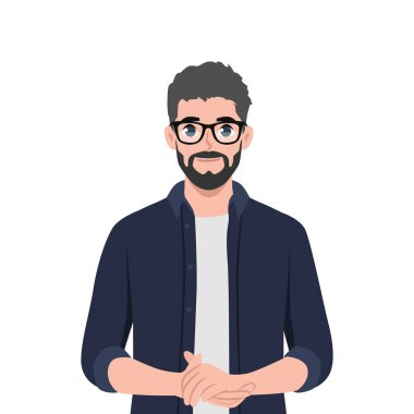 Genç adam kollarını kavuşturdu. Düz vektör çizimi beyaz arkaplanda izole edildi