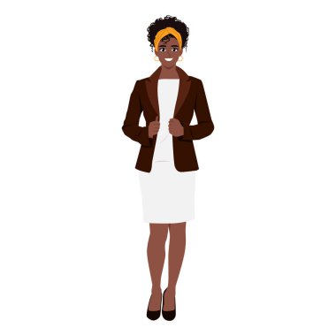 Genç, güzel, siyah bir kadın. Bir eli kalçasında, baş parmağını gösteriyor. Düz Vektör Resimleri Beyaz Arkaplanda İzole Edildi