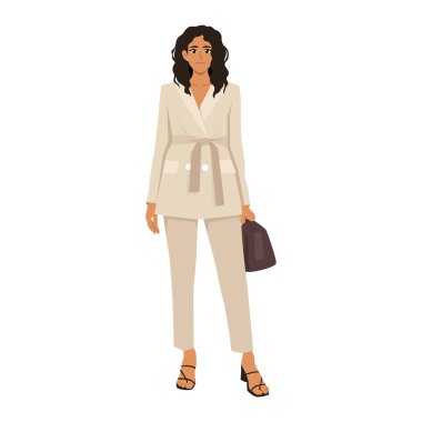 Ceketli, etekli, kıvırcık saçlı, iş adamı bir kadın. Düz Vektör Resimleri Beyaz Arkaplanda izole edildi
