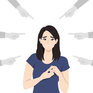 Elleri işaret parmaklarıyla çevrili üzgün ya da depresif Asyalı bir kadın. Düz vektör çizimi beyaz arkaplanda izole edildi