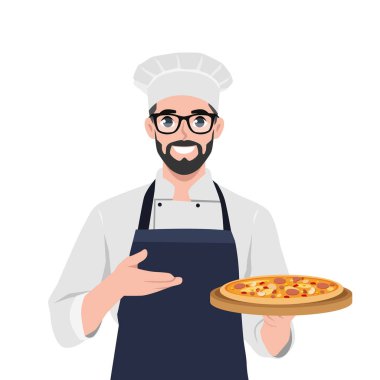 Şapka takan genç bir aşçı ve şef üniforması içinde lezzetli bir pizza tabağı var. Düz vektör çizimi beyaz arkaplanda izole edildi