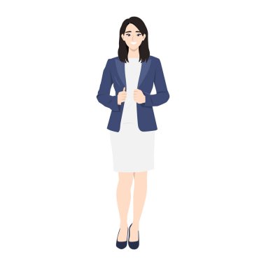 Ceket ve etek giysisi içinde kıvırcık saçlı Asyalı bir yönetici kadın. Düz Vektör Resimleri Beyaz Arkaplanda izole edildi