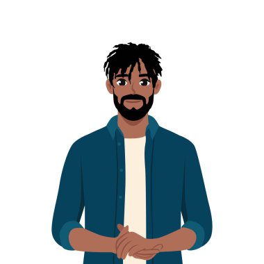 Genç gülümseyen siyah adam kollarını kavuşturdu. Düz vektör çizimi beyaz arkaplanda izole edildi