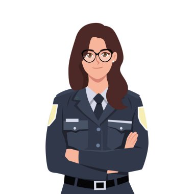 Kolları bağlı, üniformalı, gülümseyen kadın polis memuru. Düz vektör çizimi beyaz arkaplanda izole edildi