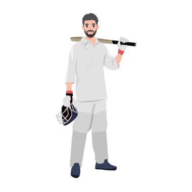 Genç Cricket sakallı vurucu poz veriyor. Düz vektör çizimi beyaz arkaplanda izole edildi