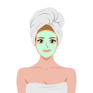 Derisi sorunlu bir yüze kozmetik maske takmak. Kafasında havlu olan güzel genç bir kadın. Düz vektör çizimi beyaz arkaplanda izole edildi