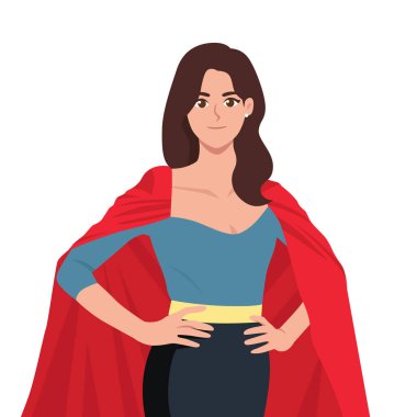 Süper kahraman kostümü ve pelerinli güzel bir kadın. Düz vektör çizimi beyaz arkaplanda izole edildi