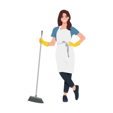 Genç kadın süpürge kullanarak yerleri süpürüyor. Düz vektör çizimi beyaz arkaplanda izole edildi