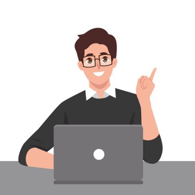 Genç adam dizüstü bilgisayar kullanırken fikri işaret ediyor. Düz vektör çizimi beyaz arkaplanda izole edildi