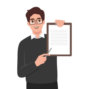 Mutlu Başarılı İş Adamı Gülümseyen ve Gösteriş Yapan Sunum. Düz vektör çizimi beyaz arkaplanda izole edildi