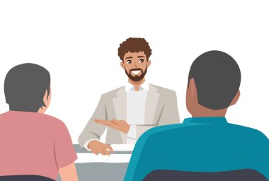 Young light skin man professional gives advice on inheritance to elderly couples. Flat vector illustration isolated on white background