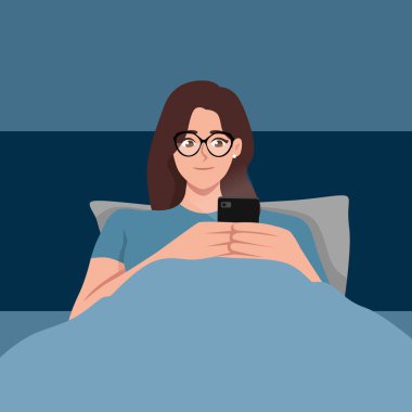 Young woman using the smart phone on the bed before she sleeping at night. Flat vector illustration isolated on white background