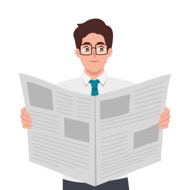 Gazete okuyan genç bir adam. Düz vektör çizimi beyaz arkaplanda izole edildi