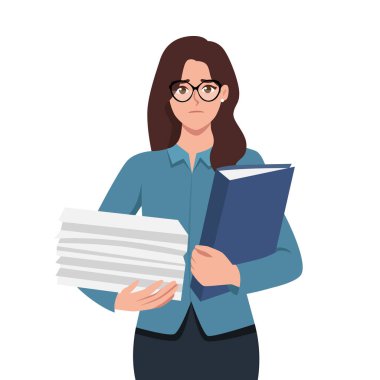 Mutsuz çalışan ya da elinde dosya ve belgeler tutan bir iş kadını. Düz vektör çizimi beyaz arkaplanda izole edildi