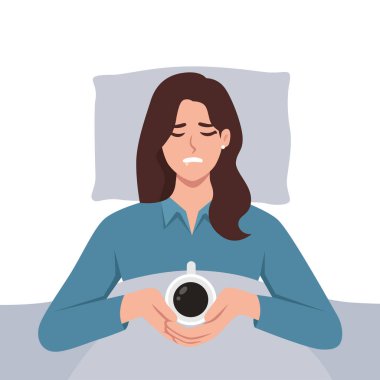 Yorgun bir kadın kahveyle yatakta yatıyor. Düz vektör çizimi beyaz arkaplanda izole edildi