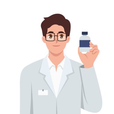 Tıp üniformalı genç bir eczacı şişeyi elinde tutuyor. Düz vektör çizimi beyaz arkaplanda izole edildi