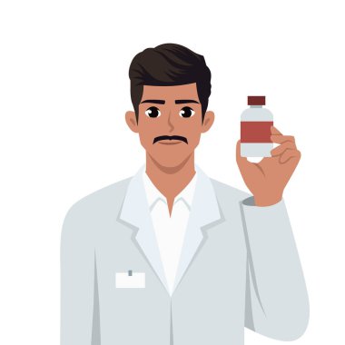 Tıp üniformalı genç eczacı şişeyi elinde tutuyor. Düz vektör çizimi beyaz arkaplanda izole edildi