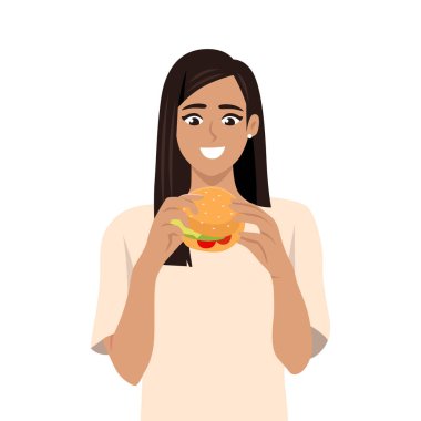 Genç, güzel bir kadın elinde ısıran lezzetli bir burger tutuyor. Düz vektör çizimi beyaz arkaplanda izole edildi