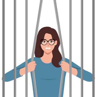 Genç kadın mahkum esaretten kurtulmak için parmaklıkları kırıyor. Düz Vektör Resimleri Beyaz Arkaplanda İzole Edildi