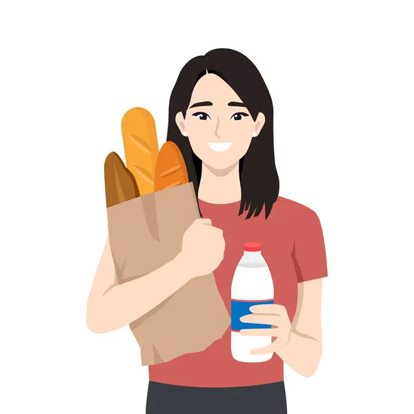 stock vector Young happy woman with a glass bottle of milk and buying bread. Flat vector illustration isolated on white background