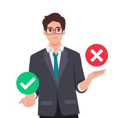 Genç adam sağ ya da sol arasında karar verir, evet ya da hayır. Düz vektör çizimi beyaz arkaplanda izole edildi