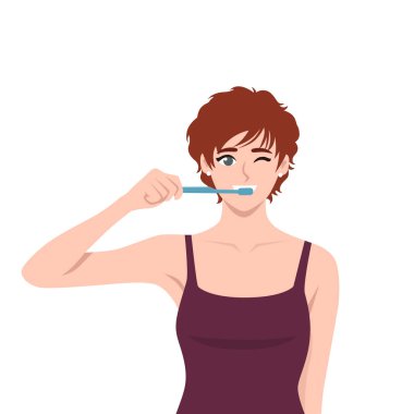 Dişlerini gülümseyerek fırçalayan bir kadın. Düz Vektör Resimleri Beyaz Arkaplanda izole edildi