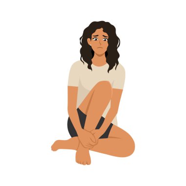 Genç üzgün kadın yerde karışık düşüncelerle oturuyor. Beyaz Arkaplanda Düz Vektör İzole Edildi