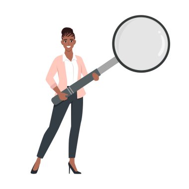 İş kadını elinde kocaman bir büyüteçle ayakta duruyor. Düz vektör çizimi beyaz arkaplanda izole edildi