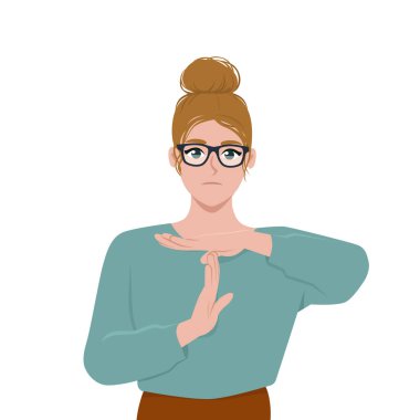 Genç bir kadın sona ermek istediğini söyleyerek zaman harcıyor. Düz vektör çizimi beyaz arkaplanda izole edildi