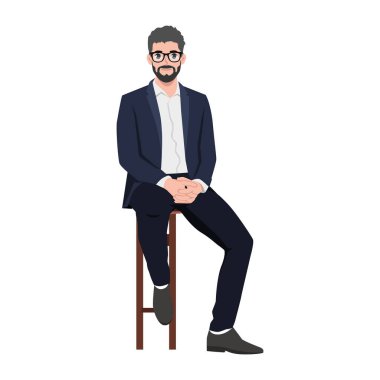 Taburede oturan zeki bir işadamı. Beyaz Arkaplanda Düz Vektör Karakteri İzole Edildi