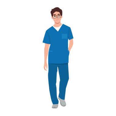 Önlük üniformalı genç bir doktor. Düz vektör Karakteri çizimi